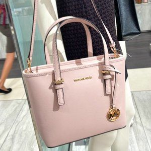 Michael Kors Jet Set Travel XS Saffiano Leather Top-Zip Tote Bag Powder Blush